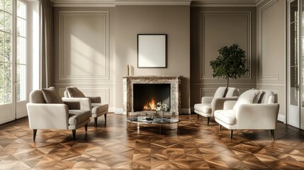 Classic living room with patterned parquet flooring, elegant armchairs, and a marble fireplace