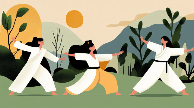 Outdoor Tai Chi Class in a Garden, Flat Design Illustration