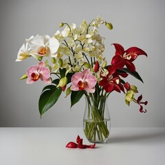 Obraz premium A stunning bouquet of orchids and anthuriums on a sleek white background.