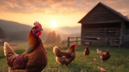 This atmospheric image showcases chickens in a grassy field during the evening, with a silhouetted rustic barn and a vibrant sky glowing with the colors of sunset.
