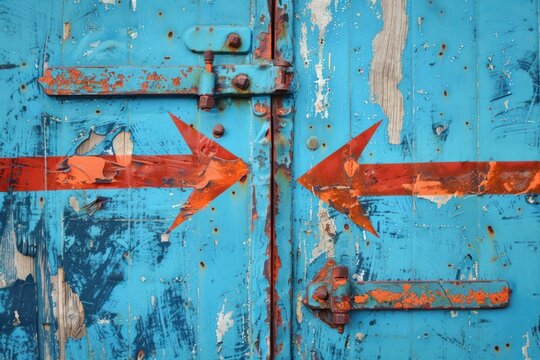 Two red arrows are pointing in opposite directions on a rusty blue metal door, creating a powerful visual of decision making