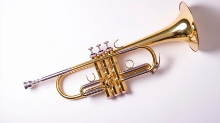 Obraz premium A shiny brass trumpet, elegantly designed, rests on a light surface, showcasing its valves and bell.