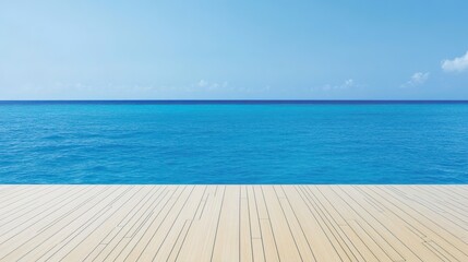 Fototapeta premium A serene view of a calm ocean meeting a clear sky, with a wooden deck in the foreground, evoking a sense of tranquility and relaxation.