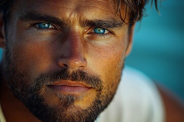 Obraz premium The portrait of a handsome man with deep blue eyes wearing a white shirt in a serene beach environment with natural soft light