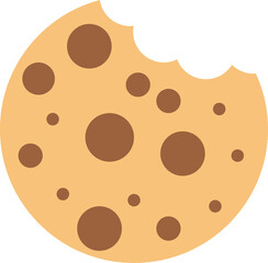 A cartoon-style chocolate chip cookie with a bite taken out of it. The cookie is round and light brown in color, with several dark brown chocolate chips of varying sizes scattered across its surface. 
