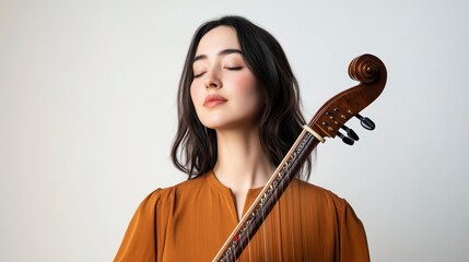 A serene portrait of a woman with long, dark hair, eyes closed, holding a musical instrument, exuding calmness and creativity.