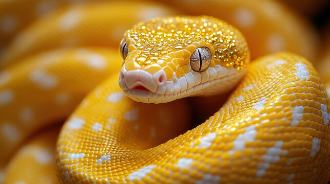 Golden python snake with shimmering scales, coiled gracefully, showcasing its vibrant yellow and white patterns. symbol of beauty and fortune in nature