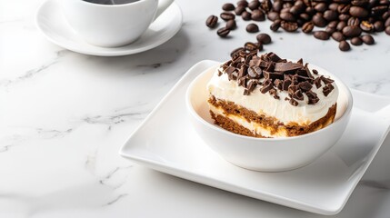 Delicious Coffee Dessert with Chocolate Topping on Marble Table and Coffee Beans
