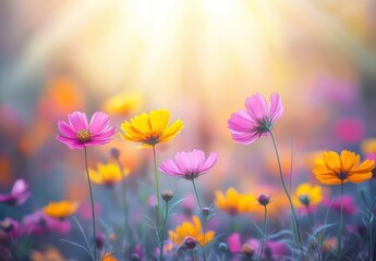 A Beautiful Field of Colorful Cosmos Flowers Bathed in Warm Sunshine Creating a Serene and Enchanting Atmosphere of Nature's Splendor