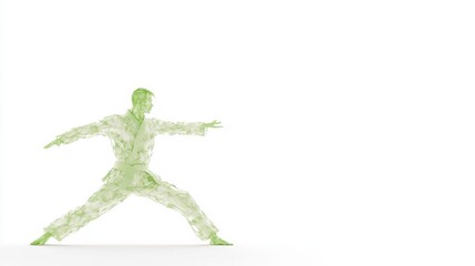 A translucent figure in a dynamic pose symbolizes vitality and nature, blending movement with an eco-friendly aesthetic.