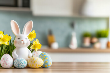 Colorful Easter decorations with a bunny figure and pastel eggs on a wooden table in a cozy kitchen setting