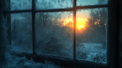 A frosty, winter window texture capturing the delicate ice patterns formed during chilly, seasonal nights, seasonal frostwork ::2 frosty panes, starlit skies, cozy interiors, frozen elegance, 