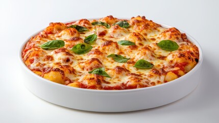 Delicious Freshly Baked Pizza with Cheese and Basil on a White Background