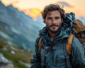 Obraz premium Confident Adventurer in Rugged Backpack Exploring Sunset Mountain Landscape