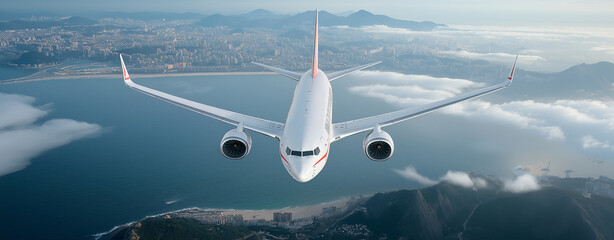 Fototapeta premium Top view above the plane as it flies over the deep blue ocean and a clear sky, shot in high resolution .