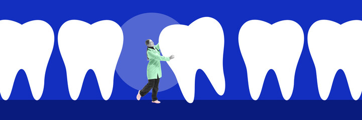 Banner. Contemporary art collage. Dentist supporting large tooth, symbolizing comprehensive dental coverage and restorative services. Concept of health insurance, dentist, medicine. Ad