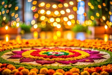 Happy Onam Festival Background, Bokeh Lights, Floral Rangoli, Kerala, India Celebration