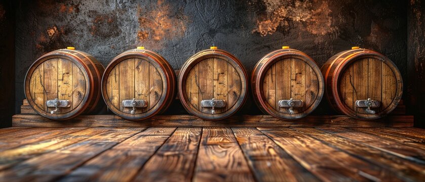 Five rustic wooden barrels rest on a weathered wooden floor against a dark, textured wall.  A timeless image of old-world craftsmanship.