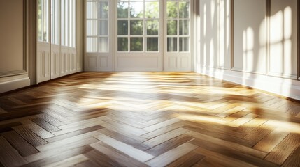Close-up of intricate chevron parquet floors in a spacious hallway, illuminated by natural light streaming through large windows