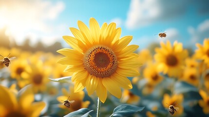 Obraz premium Cheerful kawaii sunflowers with wide grins, wearing oversized glasses, surrounded by buzzing bees, vibrant yellow tones, sunny disposition, white background, high-quality ::2 fluttering butterflies, 