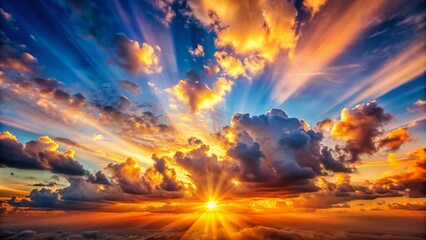 Fototapeta premium Heavenly Sunset Panorama: Glowing Sun Rays & Dramatic Cloud Formations