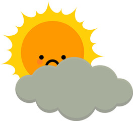 The image shows a cartoon depiction of the sun partially obscured by a gray cloud. The sun has a face with a small frown and rosy cheeks, giving it a sad expression. The cloud is positioned in front o