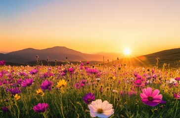 Obraz premium Breathtaking Sunrise Over Vibrant Flower Field with Mountains in the Background, Showcasing Nature's Beauty and Tranquility in a Serene Countryside Landscape