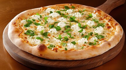 Delicious freshly baked pizza with creamy cheese and herbs on wooden board
