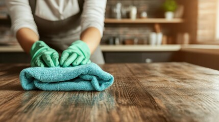 A person wearing green gloves is cleaning a wooden surface using a blue cloth, portraying the emphasis on cleanliness and organized home environment.