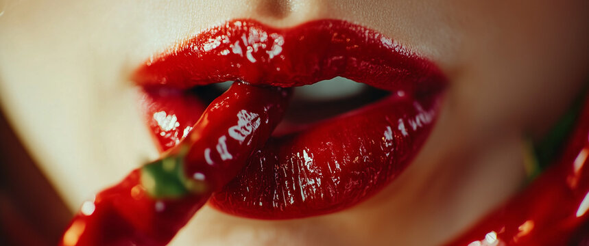 Shiny Red Lips Biting a Spicy Chili Pepper Stylish Beauty Concept