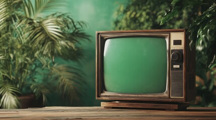 A classic vintage wooden television set placed on a wooden table surrounded by lush green plants, evoking nostalgia and a sense of retro charm in the scene.