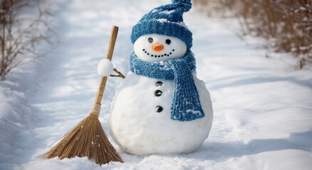 Cheerful Snowman with Blue Accessories Standing on a Snowy Pathway Surrounded by Winter Wonderland and Ready to Spread Holiday Joy and Warmth