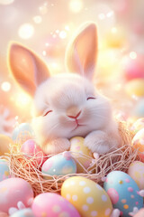 A peaceful baby bunny snoozes in a soft nest, cradled by vibrant Easter eggs, radiating a gentle, whimsical glow