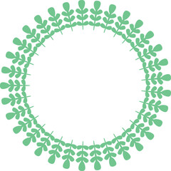 Circular wreath of green leaves symmetrically arranged, creating a decorative border. 
