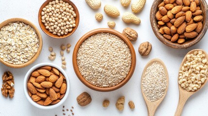 Variety of Nuts and Grains Displayed on a Light Background for Healthy Living