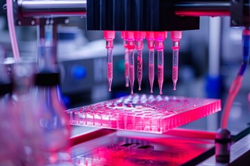 Laboratory automation equipment dispensing red chemical liquid samples into a 96 well microplate for high throughput analysis