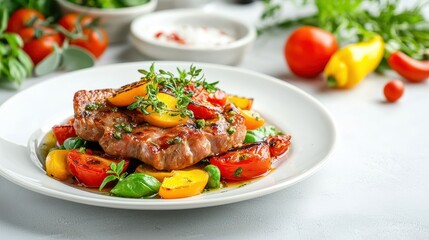 Fresh Grilled Steak with Colorful Vegetables and Herbs on a White Plate