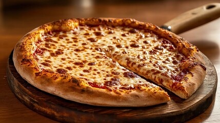 Delicious cheese pizza on wooden board, one slice removed.