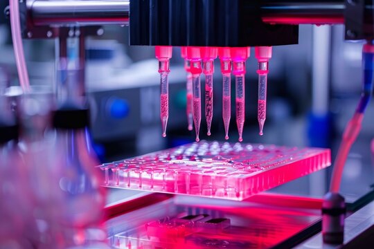Laboratory automation equipment dispensing red chemical liquid samples into a 96 well microplate for high throughput analysis