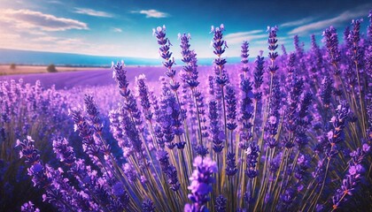 Naklejka premium Vibrant Lavender Field in Full Bloom Under a Clear Blue Sky