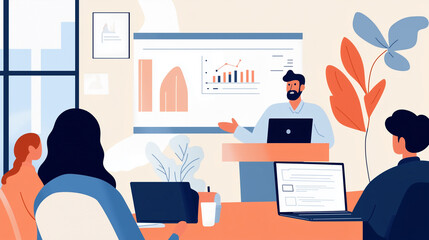 Corporate Training Session in Boardroom, Flat Design Illustration