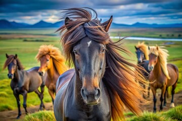 Obraz premium Icelandic Horses, Black Stallion, Blue Eyes, Windswept Mane, Plains, Wildlife Photography
