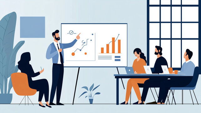 Business Strategy Presentation in Boardroom, Flat Design Illustration