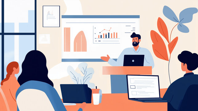 Corporate Training Session in Boardroom, Flat Design Illustration