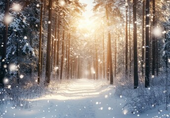 Enchanted Winter Forest Landscape with Sunlight Streaming Through Snowy Trees in a Tranquil Scene of Nature's Beauty and Serenity