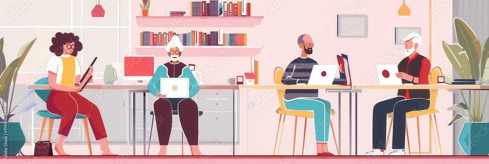 Aufkleber Elderly individuals engaged in online learning using laptops and tablets in a modern, cozy setting. Generative AI