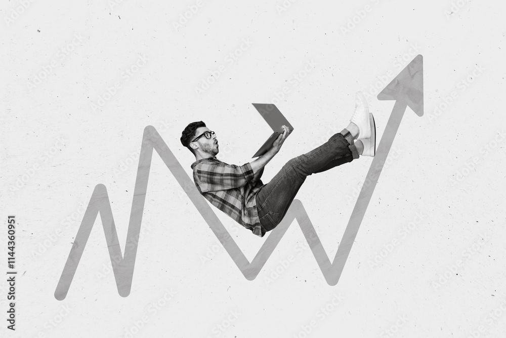 Poster creative abstract collage template graphics image of cool busy guy earning money morning device isol