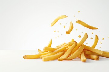 Falling french fries isolated on white background