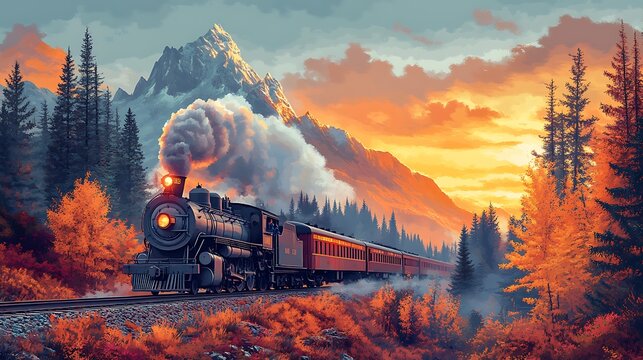 Vintage Train Adventure: A detailed illustration of a retro steam train chugging through scenic landscapes, evoking the golden age of travel, white background, train design ::2 scenic routes, 