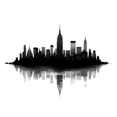 Obraz premium Black and white city skyline reflected in water.